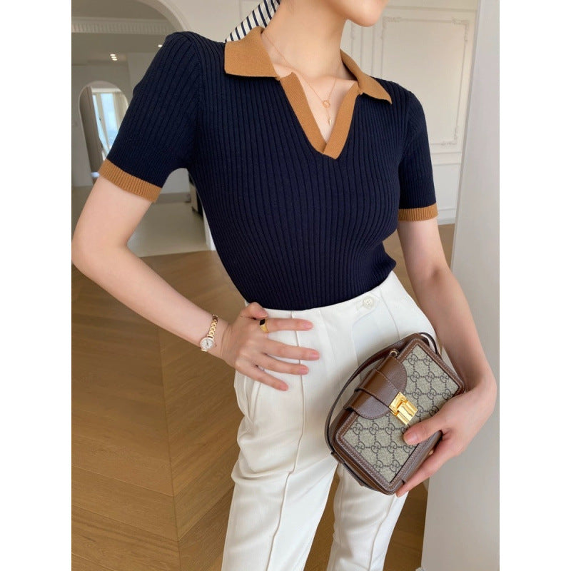Women's French Collar Knitted Short Sleeve
